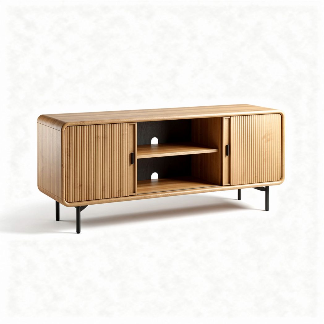 Ribbed bamboo media console with two cabinets and open shelving 120 x 40 x 55cm