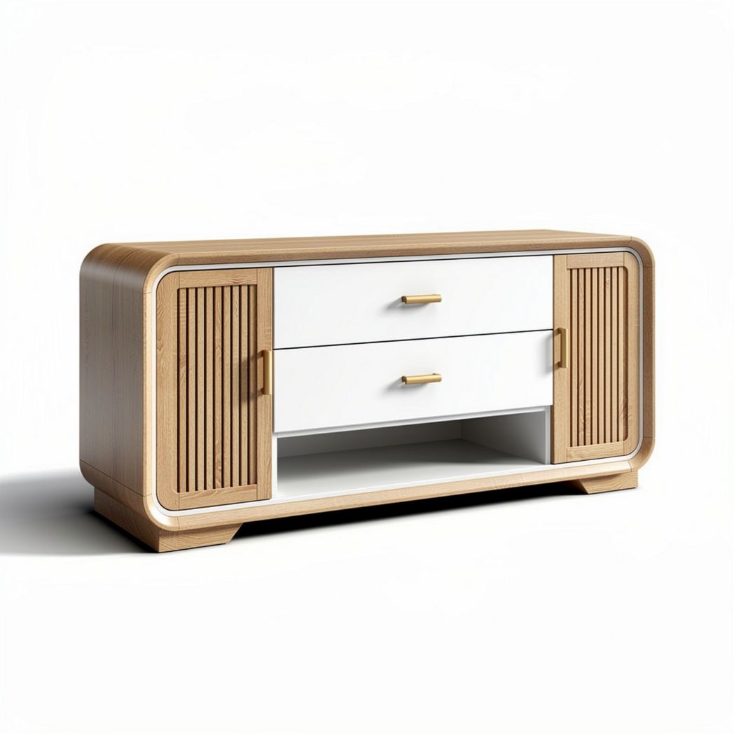 Wooden sideboard with white drawers and golden handles 120 x 40 x 60cm