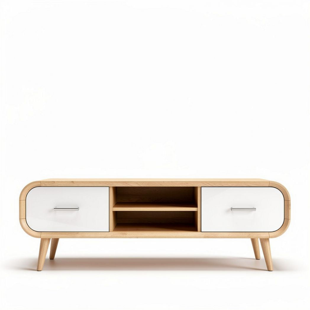 Wooden media console with white drawers and open storage dimensions 120 x 40 x 45cm