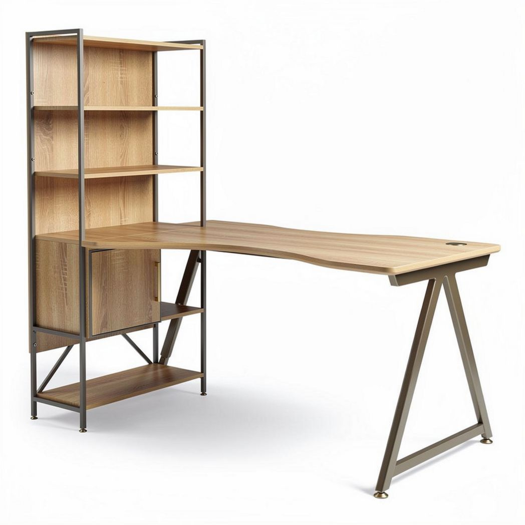 Wooden corner desk with metal frame and shelves 150 x 75 x 75cm