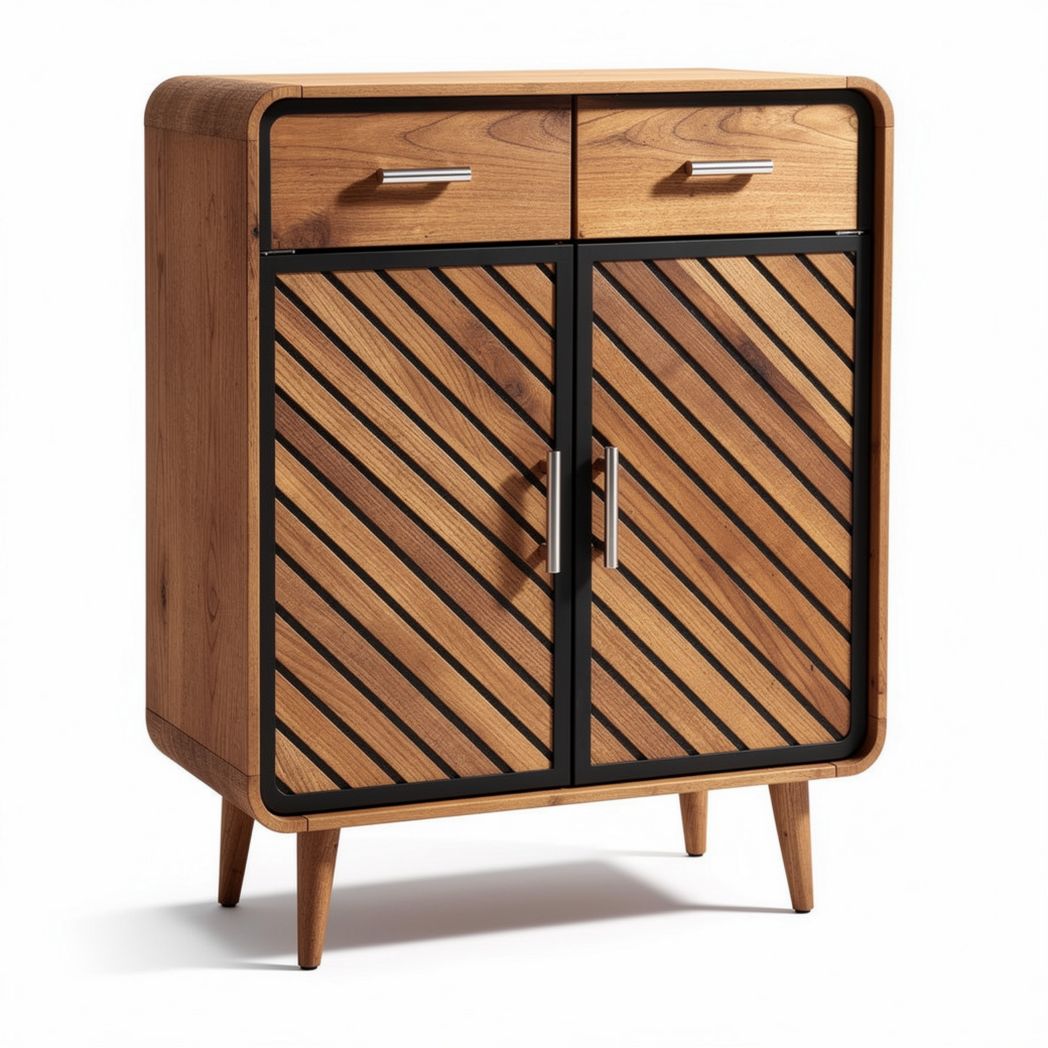 Wooden cabinet with two drawers and double doors in natural finish 60 x 40 x 80cm