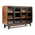 Wooden storage cabinet with black glass doors and adjustable shelves 150 x 40 x 90cm