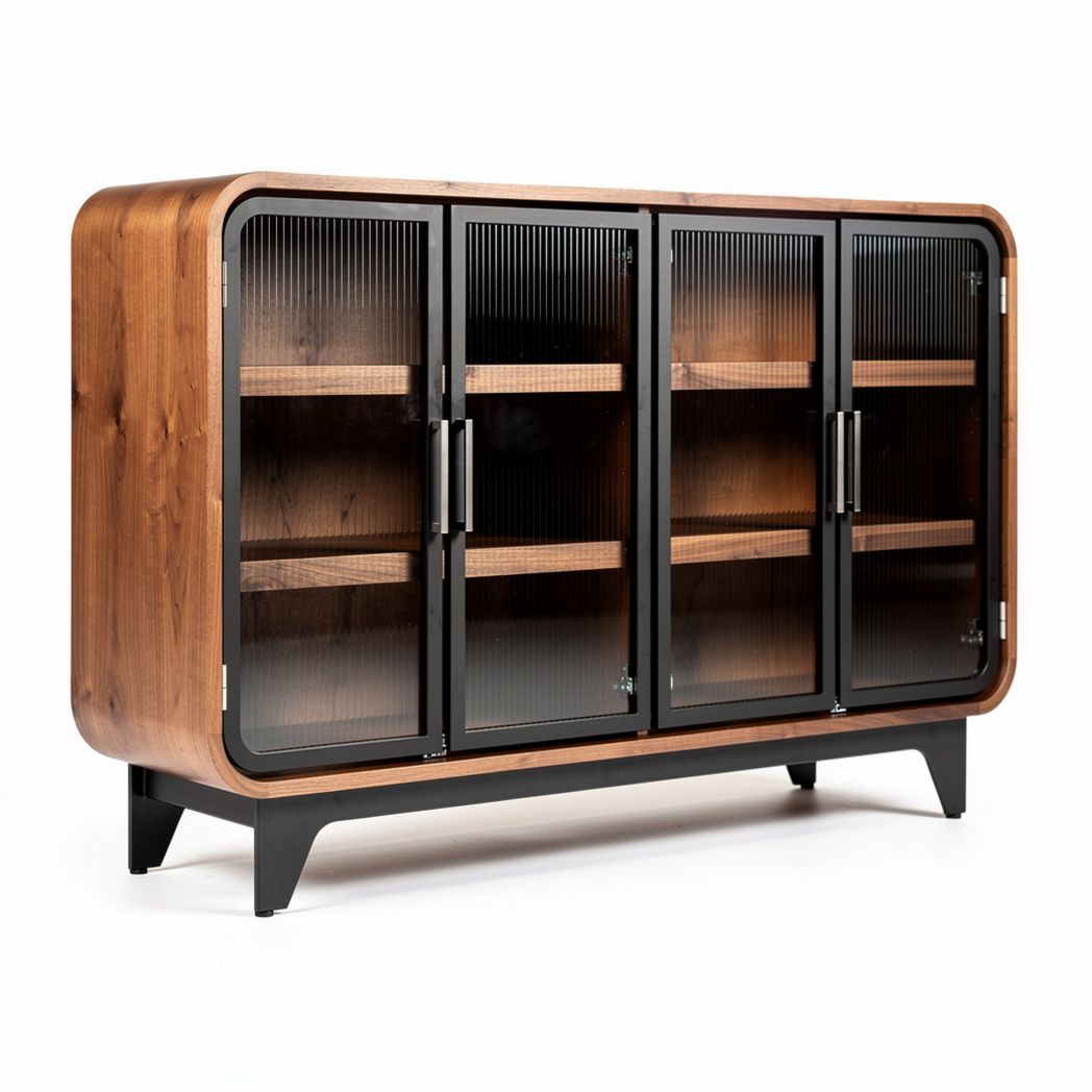 Wooden storage cabinet with black glass doors and adjustable shelves 150 x 40 x 90cm