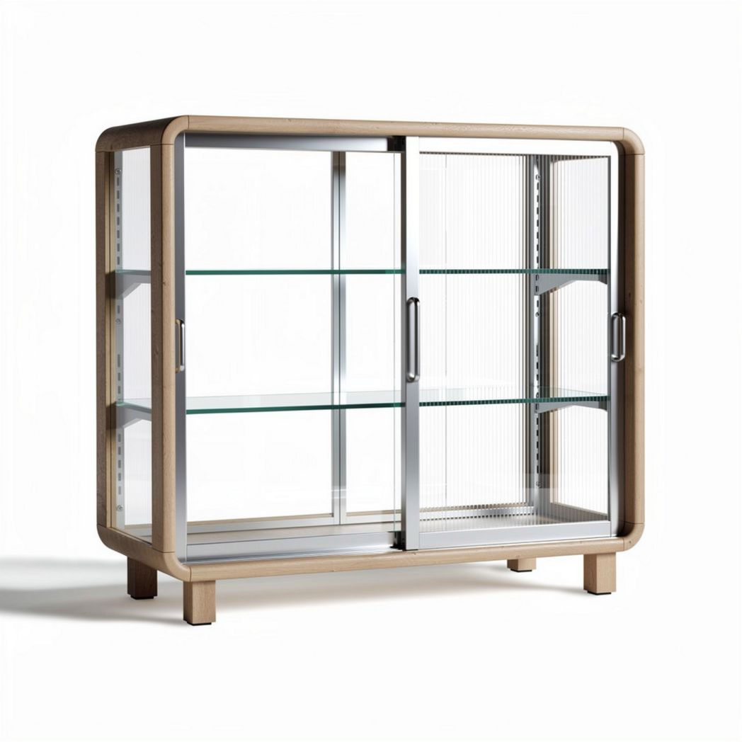 Glass display cabinet with wooden frame 100 x 40 x 80cm for living room storage